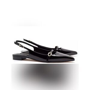 New Larroudé Black Patent Leather Ines Buckled Slingback Flats Size 9